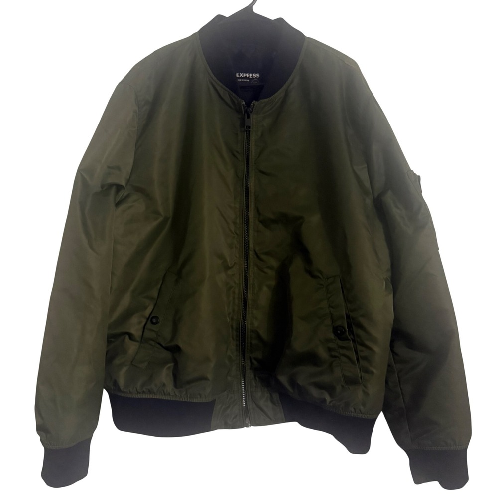 Express Olive Green Flight MA1 Style Utility Pocket Bomber Jacket Men's Size XL
